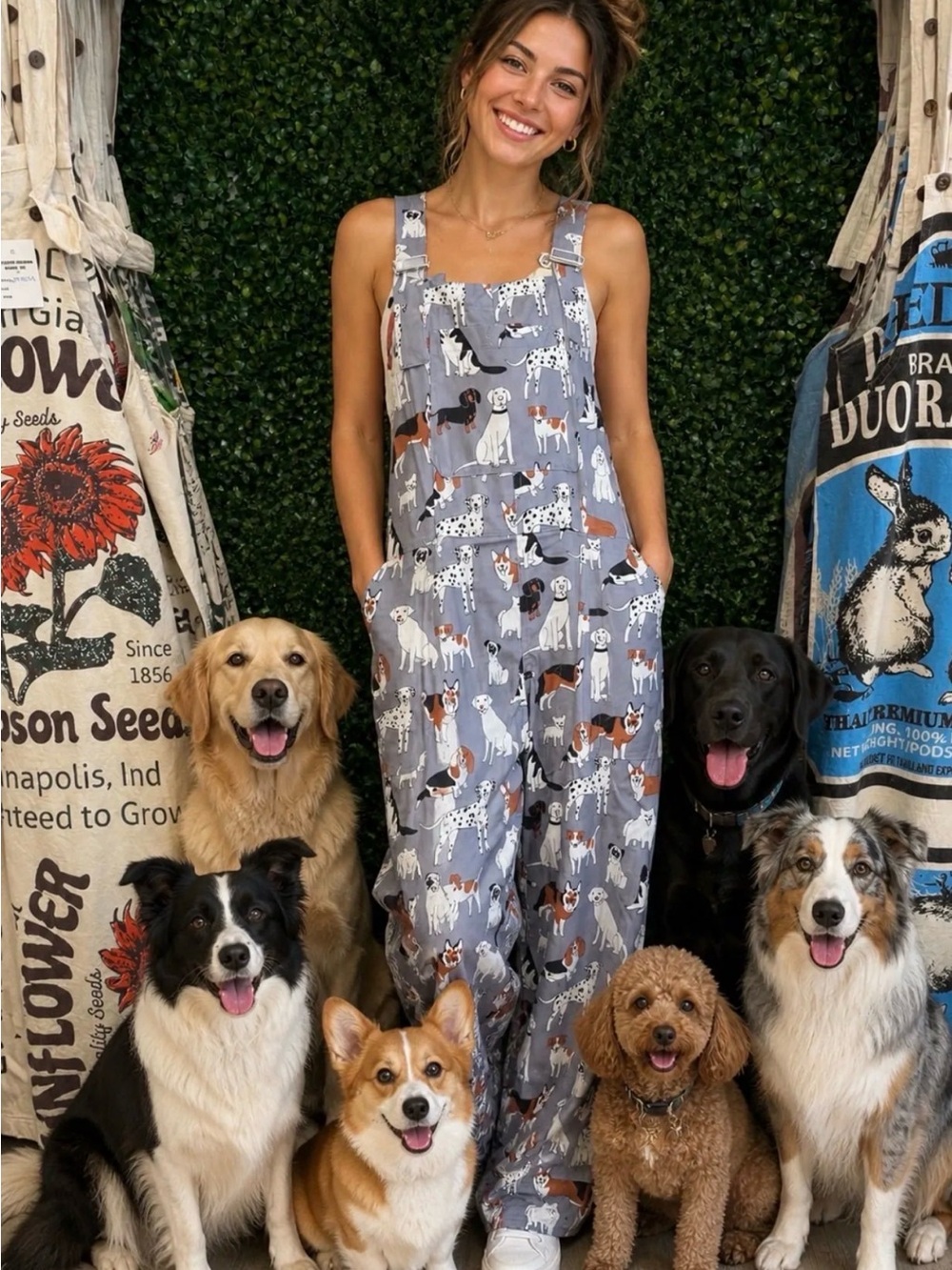 Gray Dog-Print Utility Overalls for Women